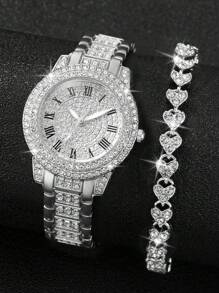 Women's Fashionable Steel Watch With Rhinestone Inlaid & Roman Numerals Dial + Rhinestone Decor Bracelet (2pcs/Set) Holiday As A Gift For Students Returning To School
