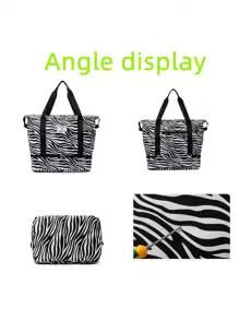 Waterproof Zebra Print Carry-On Shopping Tote Bag, Large Capacity Foldable Yoga Bag, Travel, Swimming, Gym Duffel Bag, Unisex Weekender Bag, Vacation, Outdoor, Hospital, Back To School Handbag - Black and White - View 7