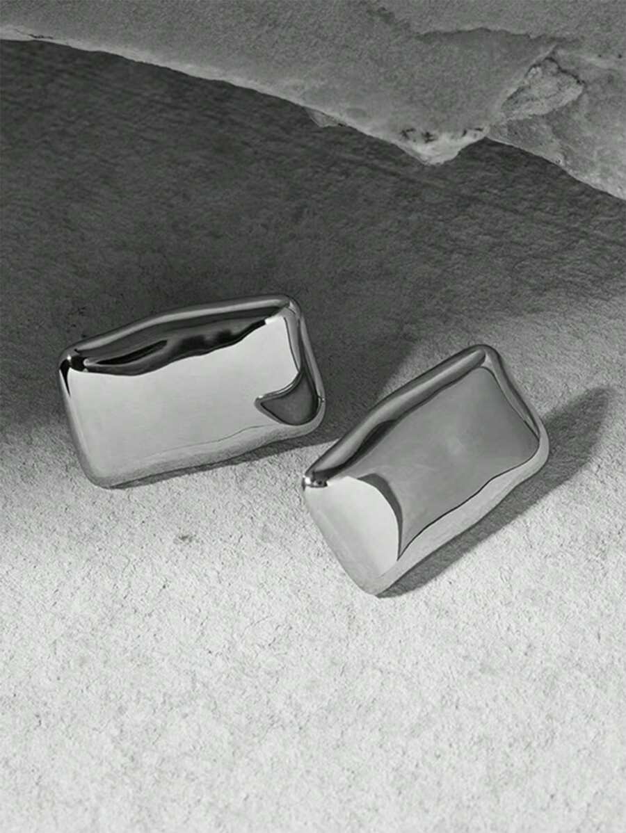 1pair Simple & Fashionable Earrings For Women, Geometric Square Shape, Suitable For European And American Style Holiday Parties - Silver - View 1