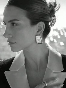 1pair Simple & Fashionable Earrings For Women, Geometric Square Shape, Suitable For European And American Style Holiday Parties - Silver - View 5