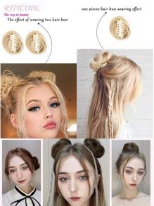 1只小爪子夾子,亂糟糟的和貓耳朵(蒸的貓耳朵形麵包)假髮包,扩展女孩披肩的发片(一包,一片,多種顏色)