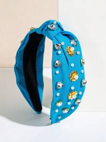 1入女士藍色布料愛心形寶石合金花卉裝飾頭帶,珍珠和寬邊,韓國風日常髮飾