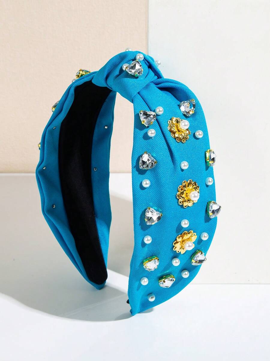 1入女士藍色布料愛心形寶石合金花卉裝飾頭帶,珍珠和寬邊,韓國風日常髮飾