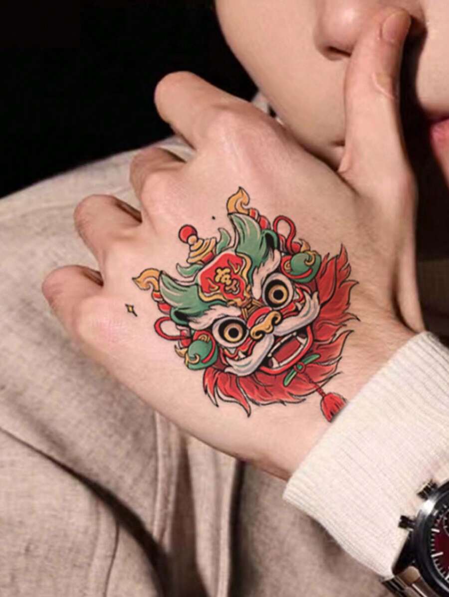 1 件風格舞獅彩色臨時紋身女孩,防水防汗,適合手臂和手 - 彩色 - 查看 1