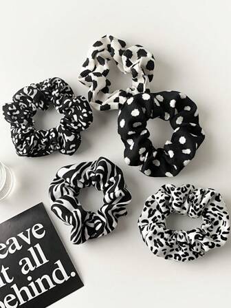 5個セット エレガントでヴィンテージ、ファッショナブルで多用途なヘアスクランチ、ブラック&ホワイトカラー、レオパード&ドット&波柄、重厚なサテン素材のカジュアル、レオパード耳ヘアタイ ポニーテールホルダー ヘアゴム、ヘアボブル、アニマル柄ヘアアクセサリー