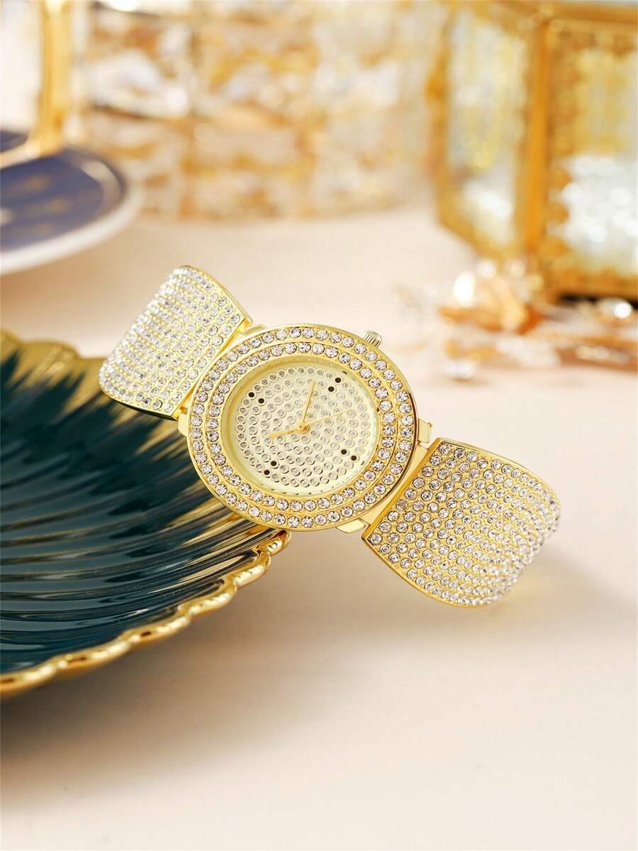 1pc Women's Rose Gold Alloy Bracelet Watch With Fashionable Exaggerated Rhinestone Quartz Dial For Daily Wear - Gold - View 1