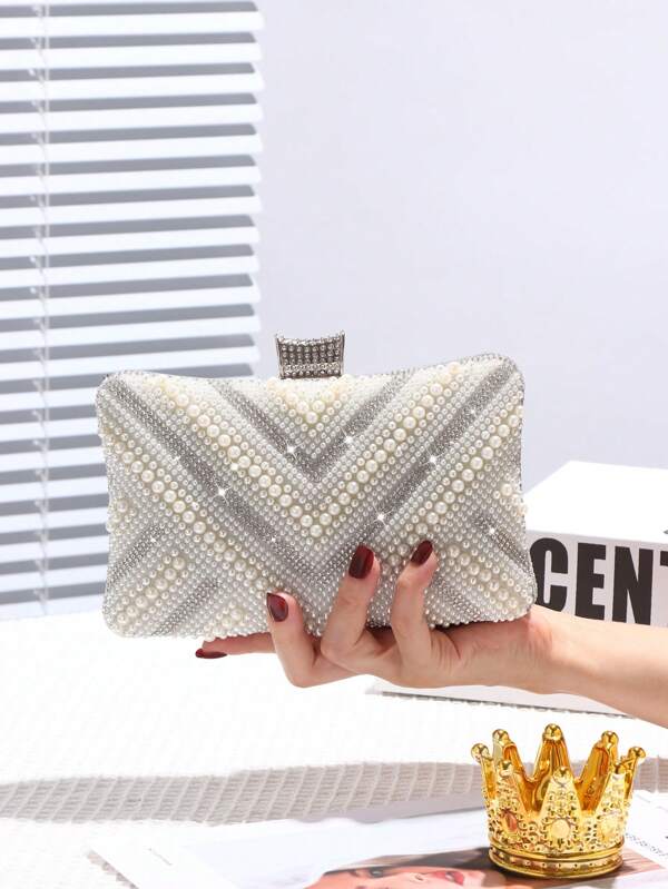 Faux Pearl And Rhinestone Box Bag Evening Bag, Suitable For Proms, Parties, Weddings, Elegant And Elegant, Elegant Pearl Clutch, Prom Bag