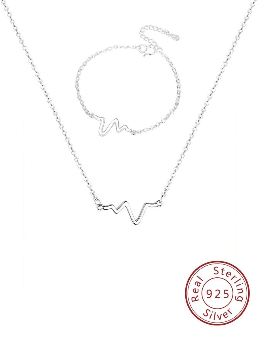 FOREVER QUEEN S925純銀心電圖手鍊心電圖項鍊套裝飾品套裝