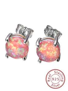 FOREVER QUEEN 925純銀蛋白石耳環,女孩專屬款式,7.5毫米無過敏lalima寶石耳環,附贈禮盒 - 銀色 - 查看 2