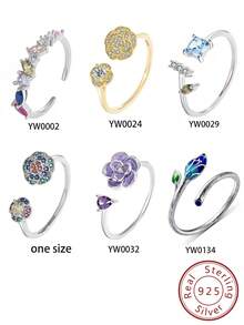 1Pc Phong Cách Pháp Bạc 925 Nhánh Hoa Camellia & Đá Cubic Zirconia Chi Tiết Có Thể Điều Chỉnh Mở Vòng, quà Tặng Sinh Nhật - Bạc - Xem 1