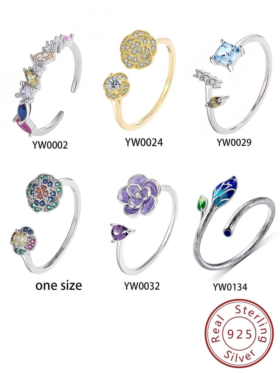 1Pc Phong Cách Pháp Bạc 925 Nhánh Hoa Camellia & Đá Cubic Zirconia Chi Tiết Có Thể Điều Chỉnh Mở Vòng, quà Tặng Sinh Nhật - Bạc - Xem 1