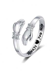 歐美創意擁抱愛雙手水鑽鑲嵌情人戒指帶雕刻可調開口溫馨禮物