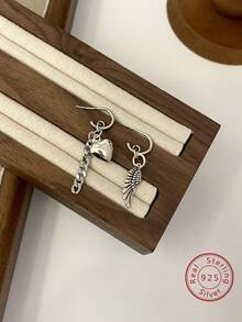 1對時尚復古的非對稱ab心型翅膀垂墜耳環,s925純銀,獨特手工設計,適用於女性日常珠寶收藏,時尚多變