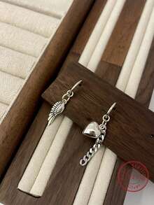 1對時尚復古的非對稱ab心型翅膀垂墜耳環,s925純銀,獨特手工設計,適用於女性日常珠寶收藏,時尚多變