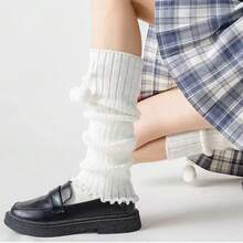 1 對 女式學院風蝴蝶結絨球針織暖腿套,冬季保暖,日式加厚純色滾珠暖腿套