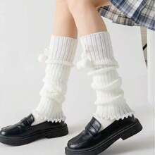 1 對 女式學院風蝴蝶結絨球針織暖腿套,冬季保暖,日式加厚純色滾珠暖腿套