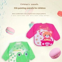 1pc Deep Pink Sleeve Bear Baby Feeding Bib, Unisex Waterproof Eva Children Painting Apron, Spring And Autumn