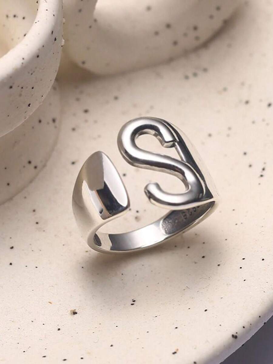 1 pc Broadside Letter Simple Rings for Women Couples  With Unique Design Sense Party Jewelry Accessories Gift - Silver - View 1
