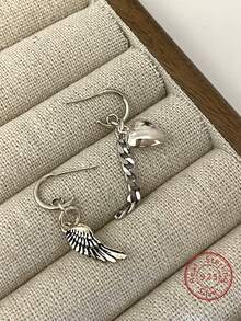 1對時尚復古的非對稱ab心型翅膀垂墜耳環,s925純銀,獨特手工設計,適用於女性日常珠寶收藏,時尚多變