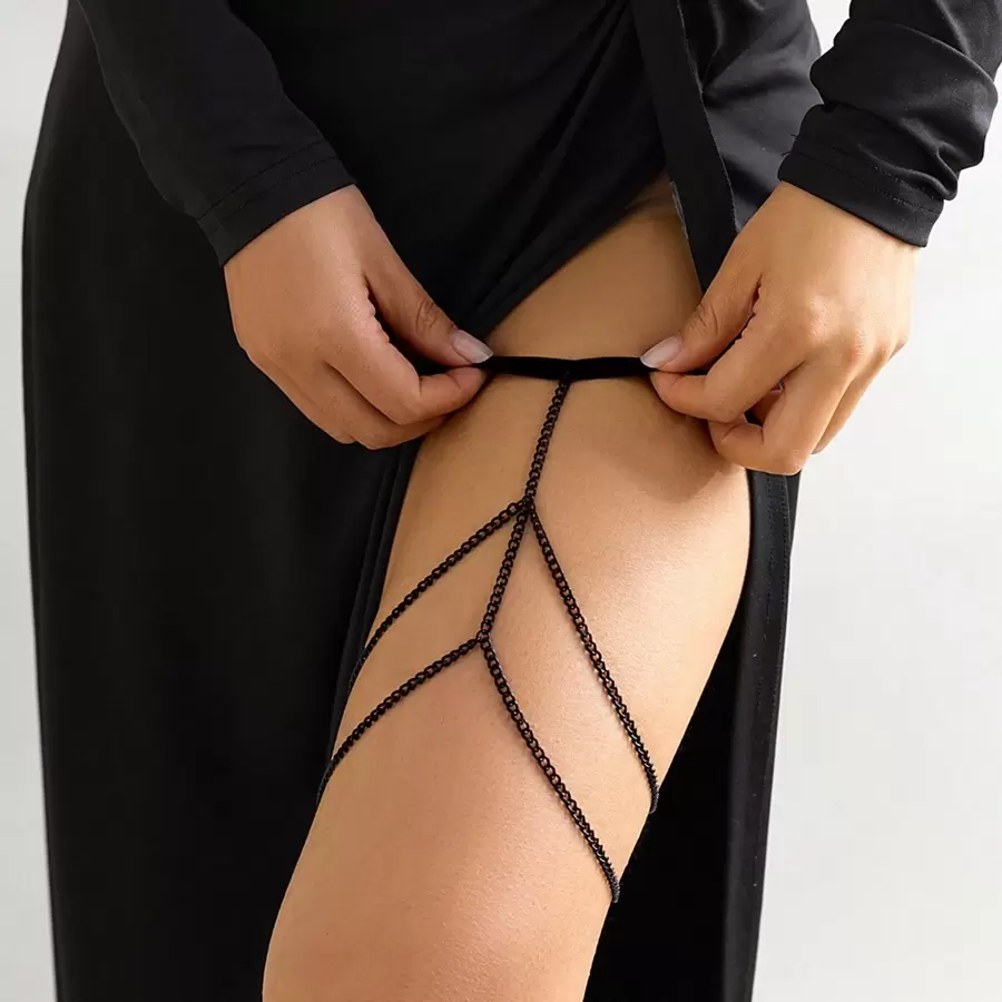 1pc Women's Black Metal Chain Leg Chain With Elastic Band, Sexy Body Chain For Rave - Black - View 1
