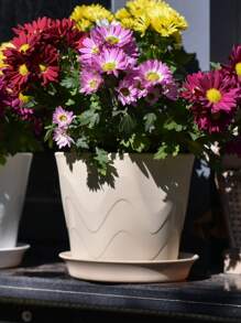 1pc 17.5*14.5cm Hexagonal Plastic Flower Pot And Round Tray Set Mini Desk Succulent Planter White, Beige, Dark Grey, Brick Red Suitable For Office Balcony Desk - Beige - View 1