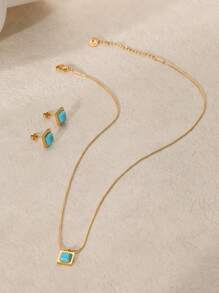 Conjunto De Colar E Brincos De Personalidade Vintage Em Aço Inoxidável Folheado A Ouro De 18k Com Turquesa Natural
