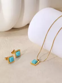 Conjunto De Colar E Brincos De Personalidade Vintage Em Aço Inoxidável Folheado A Ouro De 18k Com Turquesa Natural