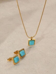 Conjunto De Colar E Brincos De Personalidade Vintage Em Aço Inoxidável Folheado A Ouro De 18k Com Turquesa Natural