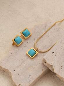 Conjunto De Colar E Brincos De Personalidade Vintage Em Aço Inoxidável Folheado A Ouro De 18k Com Turquesa Natural