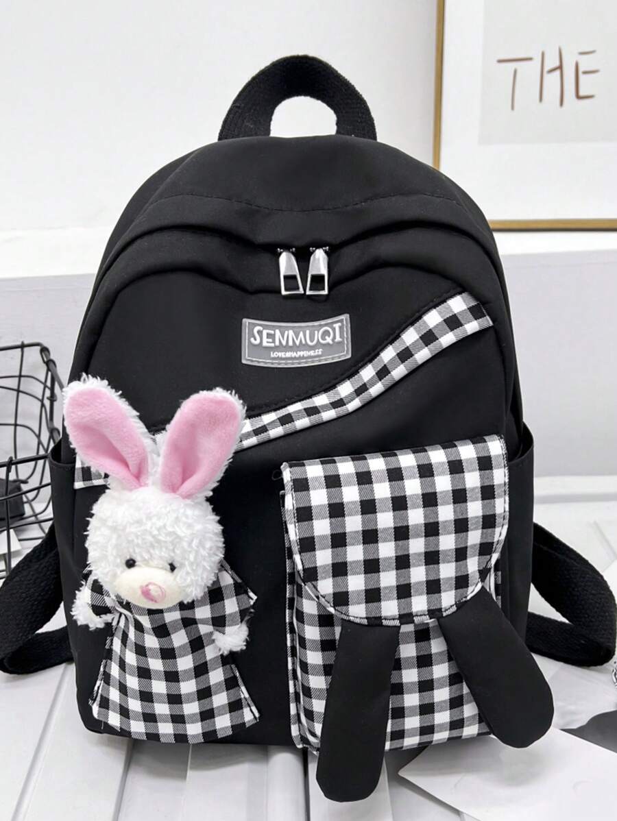 可愛的格子圖案背包,可愛的學院風書包,大容量耐用旅行背包 - 黑色 - 查看 1