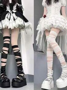 2對/套女性襪子,Y2K主題白色&黑色繃帶長筒襪,帶蝴蝶結和荷葉邊裝飾用品,萬聖節裝
