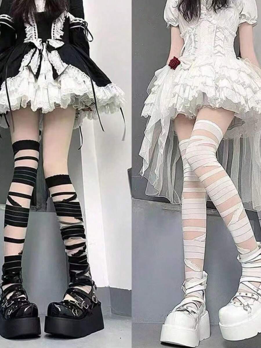 2對/套女性襪子,Y2K主題白色&黑色繃帶長筒襪,帶蝴蝶結和荷葉邊裝飾用品,萬聖節裝
