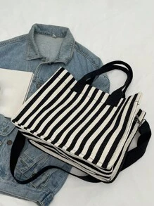 Bolso de hombro informal de rayas verticales versátil para mujer, para cartera y bolsa de mano, bolso grande para diario de lienzo con múltiples bolsillos y gran capacidad. Ligero bolso mensajero casual y de hombro, minimalista, para computadora portátil y deporte con múltiples compartimentos y bolsillos para estudiantes universitarias y adolescentes. Perfecto para la oficina, la universidad, la escuela secundaria, el trabajo, los negocios y el traslado.