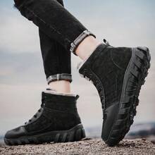 男士黑色高幫粗底運動鞋，帶毛條內裡，防滑防水戶外雪地靴