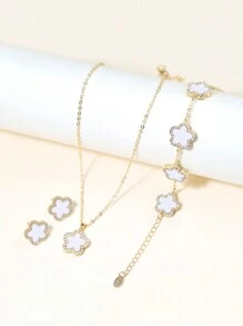 4入組花卉珠寶時尚女士萬用鎖骨鏈耳環手鍊珠寶套裝 - 白色 - 查看 6