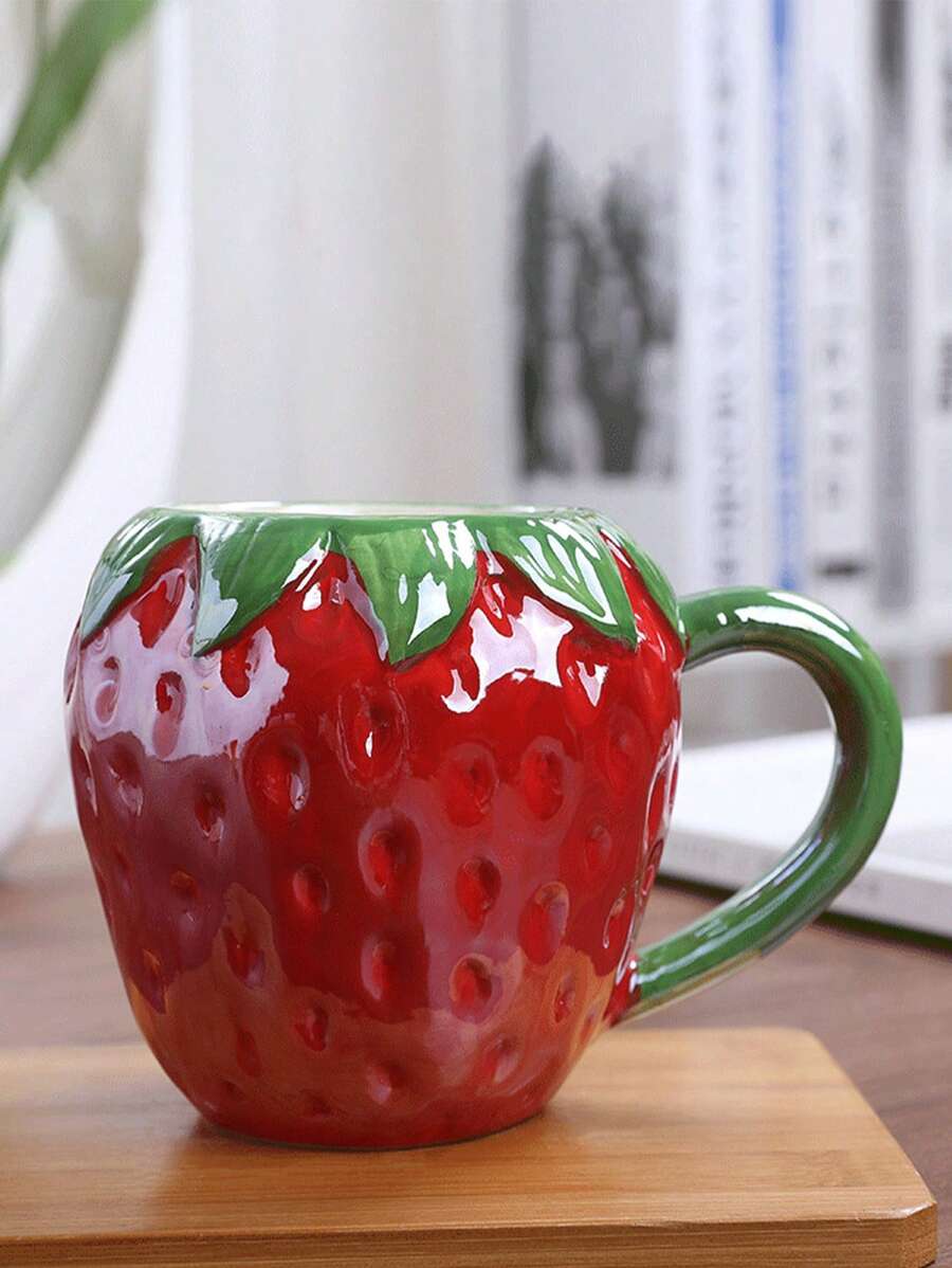 草莓飲料杯水果造型馬克杯陶瓷水杯創意喝水杯適合果汁牛奶咖啡茶飲料早餐 - 紅色 - 查看 1
