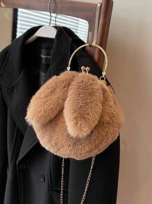 Mini Plush Rabbit Bag With Chain&handle Straps, Cute Crossbody Bunny Ear Clutch Bag - Khaki - View 1