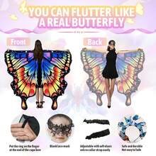 3入組女童蝴蝶斗篷翅膀披肩套裝(藍色),黑色蕾絲眼罩和成人蝴蝶頭帶,仙女披風裝扮配件套裝,適用於節日派對