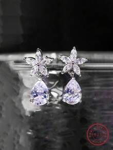 1 Miếng Đẹp Nhân tạo Zirconia & Đồ trang trí Rhinestone Mỗi ngày Của phụ nữ Hoa tai , 925 sterling bạc Dangle Hoa tai - Bạch kim - Xem 5