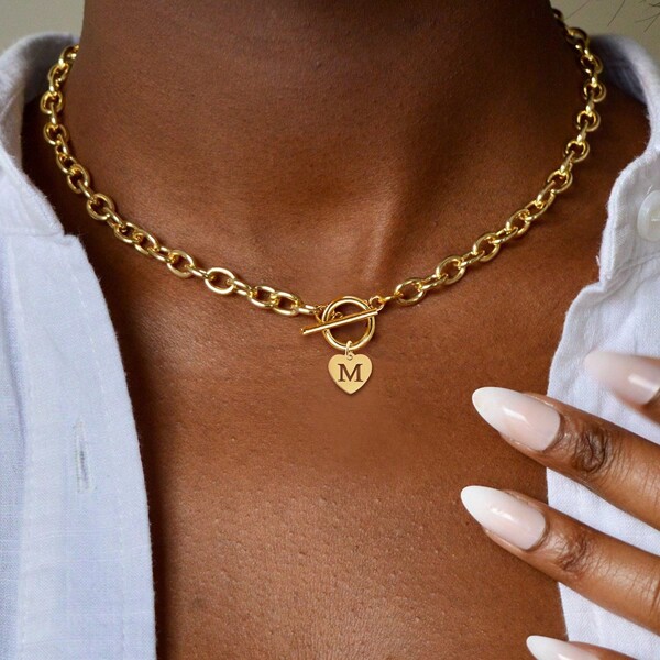 1pc Fashion Stainless Steel Heart Initial Pendant Toggle Clasp Chain Necklace Women For Party