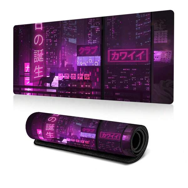 1pc Cyber Vaporwave Style Gaming Mouse Pad, Extended Large Mouse Mat Big Mousepad, Keyboard Stitched Edges Big Mousepad For Computer Pc Laptop, 31.5×11.8in