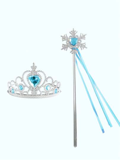1set Children's Blue Princess Crown & Magic Wand Set, Ice Queen Costume Accessories For Festival Party Show, For Christmas
