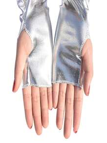 1 双新娘舞蹈手套，短款银色仿漆皮露指手套，非常适合朋克风格角色扮演服装秋季女士服装