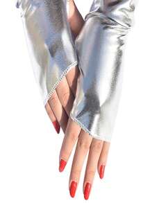 1 双新娘舞蹈手套，短款银色仿漆皮露指手套，非常适合朋克风格角色扮演服装秋季女士服装