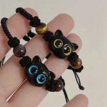 1入組藍眼睛貓形狀流蘇手工編織手鐲,可愛風格的聖誕、萬聖節、生日、派對和日常裝飾禮物