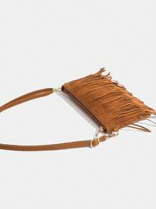 1個實色復古風格休閒小型斜跨包,附有流蘇裝飾,適合14-16歲女孩、學生、校園和日常戶外活動攜帶一些日常必需品 - 棕色 - 查看 9