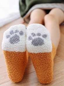 6雙/包女士珊瑚絨加厚地毯袜,半綿管設有可愛的貓爪設計,適用於家居和睡衣,秋季和冬季 - 彩色 - 查看 6