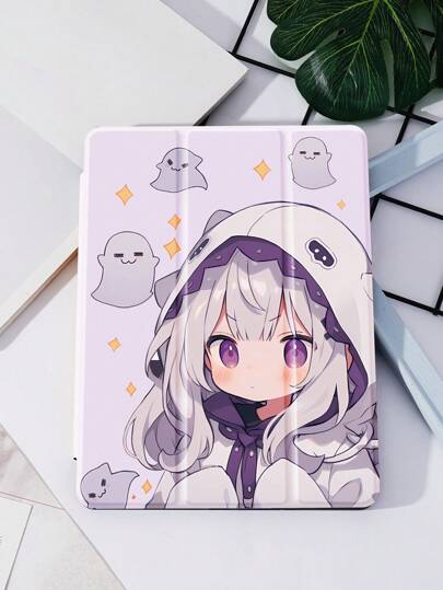 苹果 1 件装幽灵动漫女孩保护套，兼容 iPad 10.2 英寸 2021/2020/2019 iPad 第 9/8/7 代，兼容 iPad 第 5 代 (9.7 英寸)，iPad Air 第 5 代 2022/iPad 第 10 代，带笔架，支持自动睡眠/唤醒盖，具有防摔功能