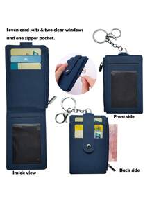 最新推出的帶側邊拉鍊口袋的工作證證件套,信用卡收納夥伴id多卡位質感透明卡片窗口皮革證件套掛頸證件套,適用於辦公室工作人員、老師、學生、快遞員、工人等pu皮革 - 藏蓝色 - 查看 4