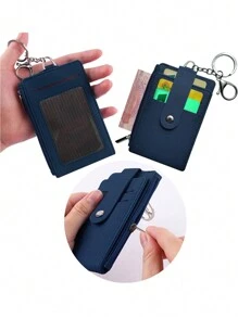 最新推出的帶側邊拉鍊口袋的工作證證件套,信用卡收納夥伴id多卡位質感透明卡片窗口皮革證件套掛頸證件套,適用於辦公室工作人員、老師、學生、快遞員、工人等pu皮革 - 藏蓝色 - 查看 1